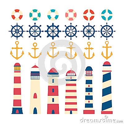 Nautical set. Steering wheel, lighthouse, anchor and lifebuoy. Vector Illustration
