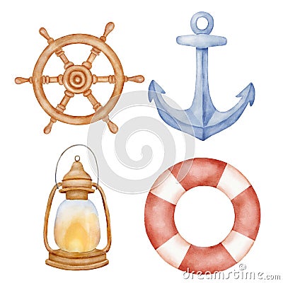 Nautical steering wheel, marine lamp with wick, anchor and lifebuoy. Watercolor clipart. Nautical cute illustrations set Cartoon Illustration
