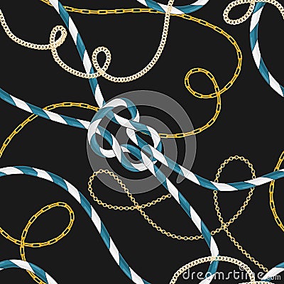 Nautical Style Seamless Pattern with Marine Rope Knots and Trendy Golden Chains. Fashion Fabric Design with Sea Elements Vector Illustration