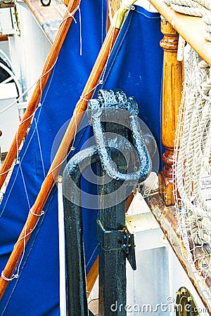 Nautical tackles and equipment of the old tall ship. Rigging ropes and rope ladder on the mast of sailing vessel Stock Photo