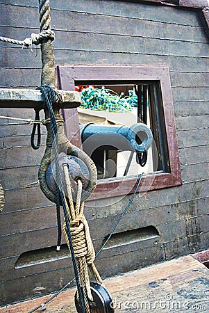 Nautical tackles and equipment of the old tall ship. Rigging ropes and rope ladder on the mast of sailing vessel Stock Photo