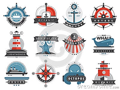 Nautical templates set marine labels sea badges anchor design emblems graphics vector illustration. Vector Illustration