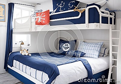 A nautical-themed bedroom with navy blue accents, ship-inspired decor, Stock Photo