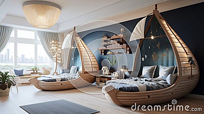 A nautical-themed children's bedroom with boat-shaped beds Stock Photo