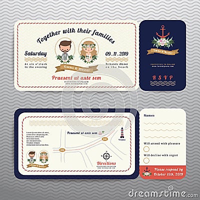 Nautical ticket hipster bride and groom wedding invitation and RSVP card Vector Illustration