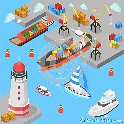 Nautical transport cargo shipping port flat 3d isometric vector Cartoon Illustration