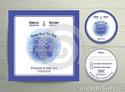 Nautical tying the knot water colour wedding invitation and RSVP card template set Vector Illustration