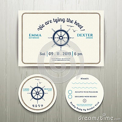 Nautical we are tying the knot wedding invitation and RSVP card Vector Illustration