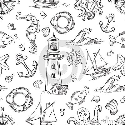 Nautical vector doodle seamless pattern with sea animals, sailboat and anchor Vector Illustration