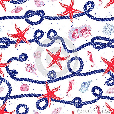 Nautical vector seamless pattern with navy marine rope, red star Vector Illustration