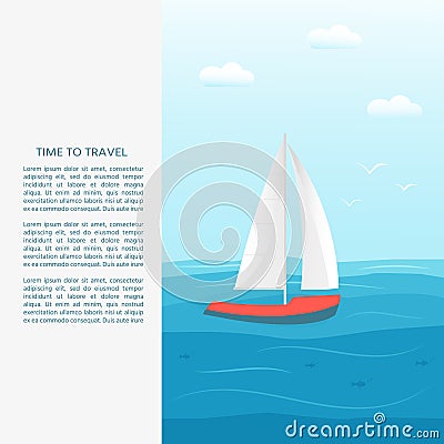 Nautical vehicles: sail boat, ship, vessel, luxury yacht, speedboat with text time to travel . Vector flat icon, concept for web Stock Photo