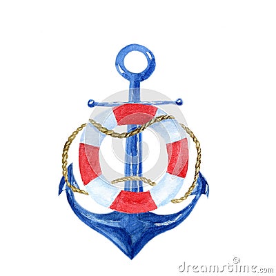 Nautical vintage watercolor illustration with an anchor and lifebuoy Cartoon Illustration