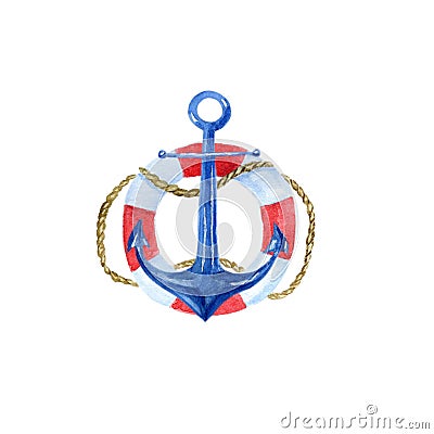 Nautical vintage watercolor illustration with an anchor, lifebuoy Cartoon Illustration