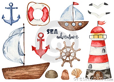 Nautical watercolor set with lighthouse, ship, anchor, helm, lifebuoy Stock Photo