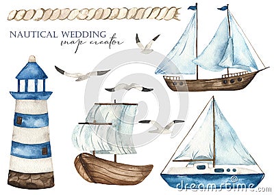 Nautical watercolor set with a lighthouse, ships, rope, seagulls Stock Photo