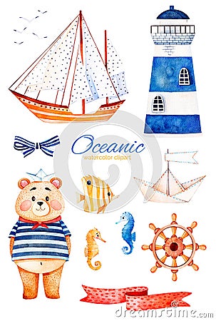 Nautical watercolor set. Stock Photo