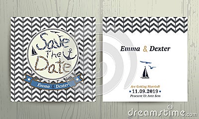 Nautical wedding save the date card on chevron pattern background Vector Illustration