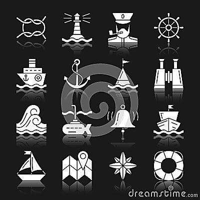 Nautical white silhouette reflection icon set Vector Illustration