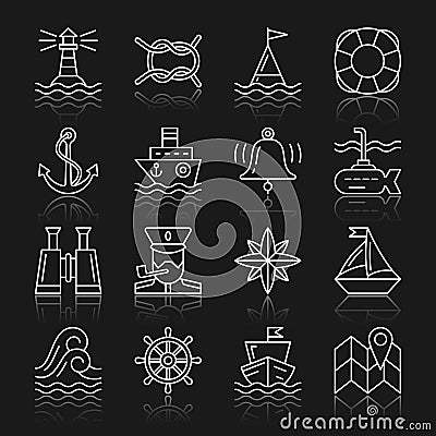 Nautical white thin line icon set with reflection Vector Illustration