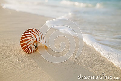 Nautilus sea shell on golden sand beach in soft sunset light Stock Photo