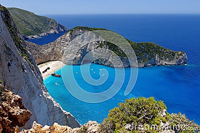 Summer landscape. Navagio Beach and Ionian Sea - Zakynthos Island - landmark attraction in Greece. Seascape Stock Photo