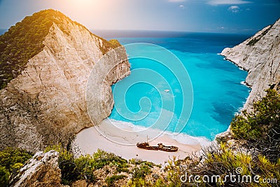 Navagio beach or Shipwreck bay with turquoise water and pebble white beach. Famous landmark location. overhead landscape Stock Photo