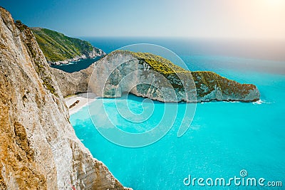 Navagio beach or Shipwreck bay with turquoise water and pebble white beach. Famous landmark location. overhead landscape Stock Photo