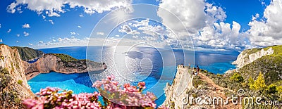 Navagio beach with shipwreck and flowers on Zakynthos island in Greece Stock Photo