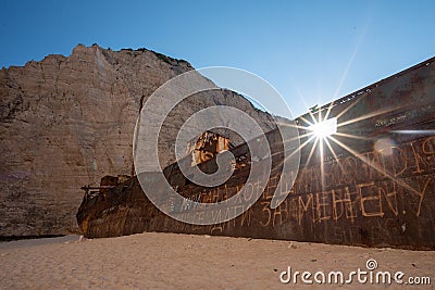 Navagio Beach in summer time with blue water of Greece , Zakintos Editorial Stock Photo