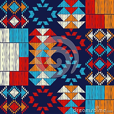 Navajo mosaic rug with traditional folk geometric pattern. Native American Indian blanket. Aztec elements. Mayan ornament. Seamles Cartoon Illustration