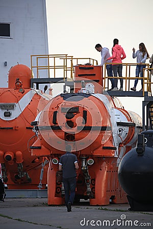 Soviet and Russian special underwater vehicles ashore in the shade Editorial Stock Photo