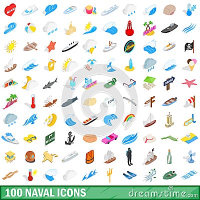 100 naval icons set, isometric 3d style Vector Illustration