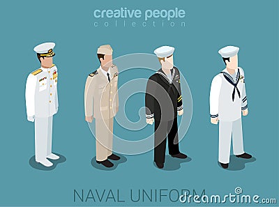 Naval military people in uniform flat style isometric icon set Vector Illustration
