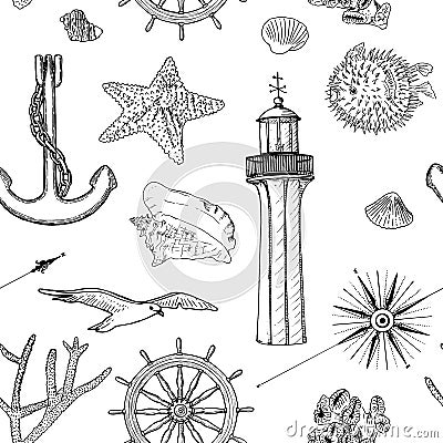 Naval seamless vector pattern set nautical silhouette symbols. Gulls, helm, steering wheel, anchor, light house, shell Vector Illustration