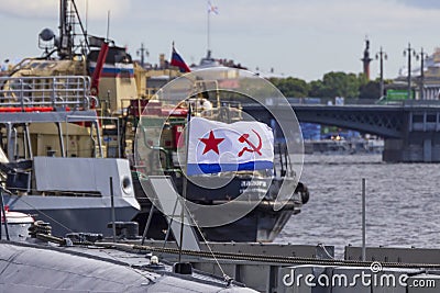 The Naval St. Andrew`s flag of the Russian Navy during the celebration of the Navy Day Editorial Stock Photo