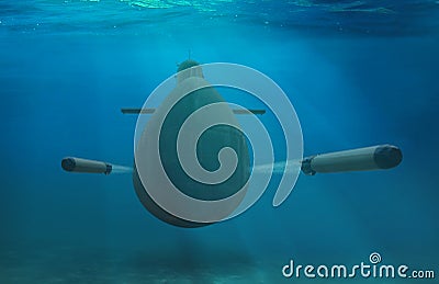 Naval submarine firing torpedoes underwater Stock Photo