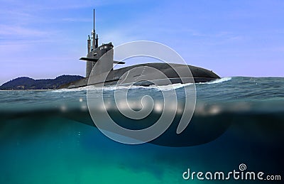 Naval submarine floating and half submerged in shallow water Stock Photo