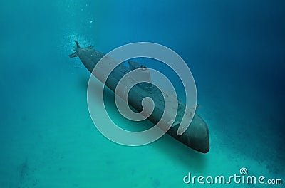 Naval submarine submerge underwater during a mission Stock Photo