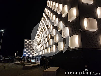 Navarra Arena, multipurpose pavilion in the city of Pamplona, Navarra. Spain. Night image before a show Editorial Stock Photo