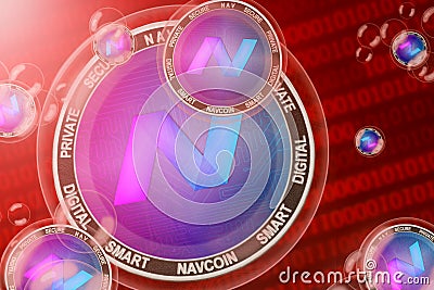 NavCoin crash, bubble. NavCoin NAV cryptocurrency coins in a bubbles on the binary code background Stock Photo