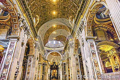 Nave Saint Peter`s Basilica Bernini Baldacchino Vatican Rome Italyy Editorial Stock Photo