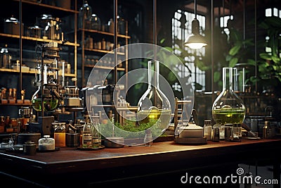 Navigate through a chemists workspace with Stock Photo