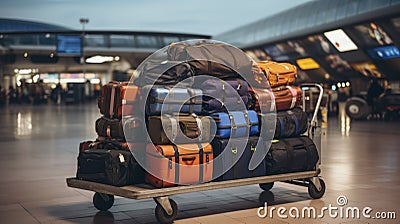 Navigating the Airport with a Cart Brimming with Luggage and Anticipation. Generative AI Stock Photo