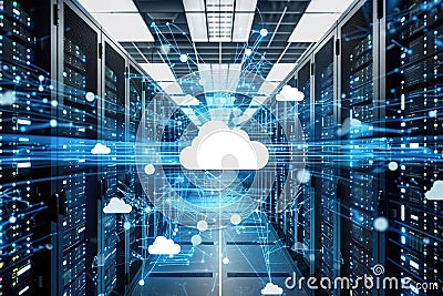 Navigating Cloud Realms: Interconnected Data Centers with Rows of Servers at the Core of Computing Evolution Stock Photo