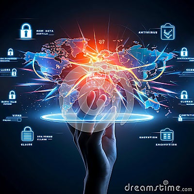 Navigating Cybersecurity: Protecting Global Digital Infrastructure with Secure Locks. Stock Photo