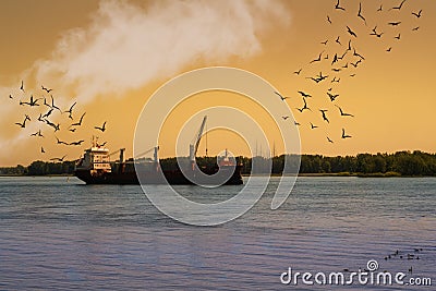 Navigating fret boat on the Saint-Lawrence seaway Editorial Stock Photo