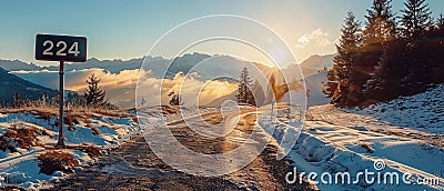 Navigating the Future: 2024 New Year Road Sign in Stunning Mountain Landscape Stock Photo