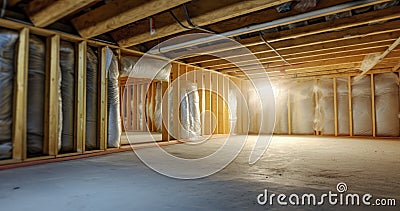 Navigating the Limited Space of a Basement with Upper Floor Insulation Stock Photo