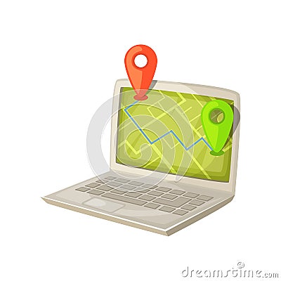 Navigation application on laptop computer screen. Map with GPS location mark displayed in portable PC monitor. Deliveri Vector Illustration