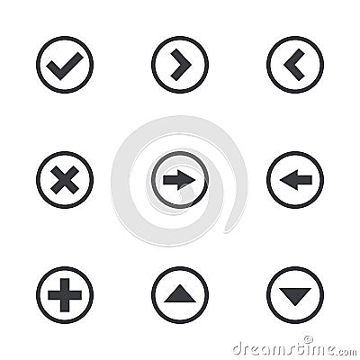 Navigation button set. Vector icon. Add, approve and cancel icon. Arrows sign Vector Illustration